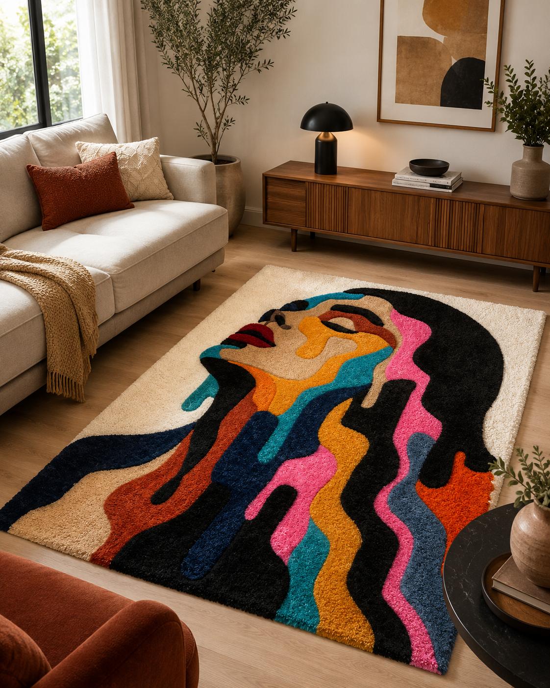 Melting portrait rug styled in a modern living room