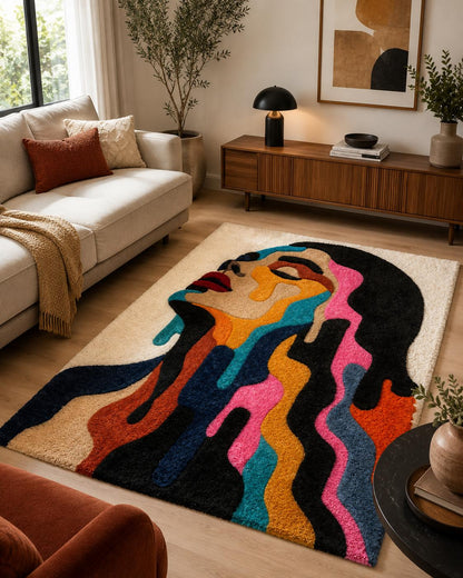 Melting portrait rug styled in a modern living room
