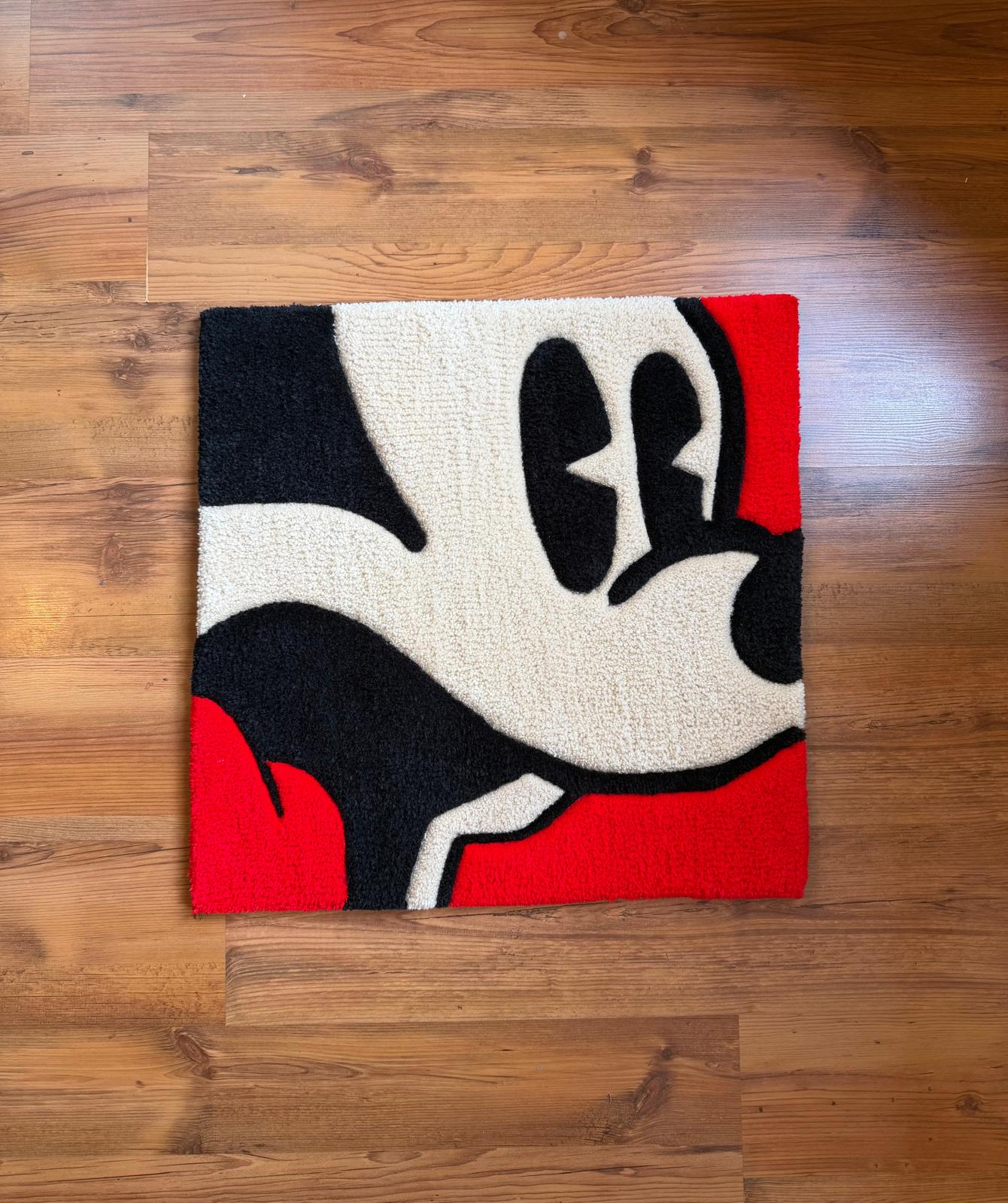 Hand-tufted pop-art Mickey rug in red, black and cream, flat view
