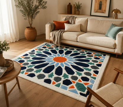 Moroccan mosaic rug styled in a living room in front of a cream sofa
